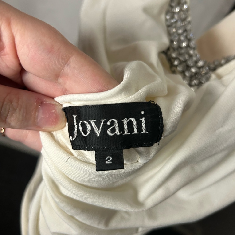 Jovani Ivory V-Neck Evening Gown with Beaded Waist - Picture 4 of 4